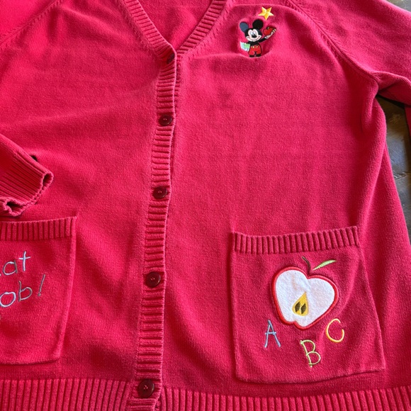 Vintage Disney Mickey Minnie Cardigan Teacher Apple Embroidered Red XXL Academia - Picture 5 of 10